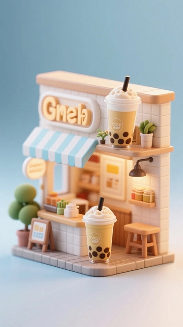 卡通微缩景观模型奶茶店