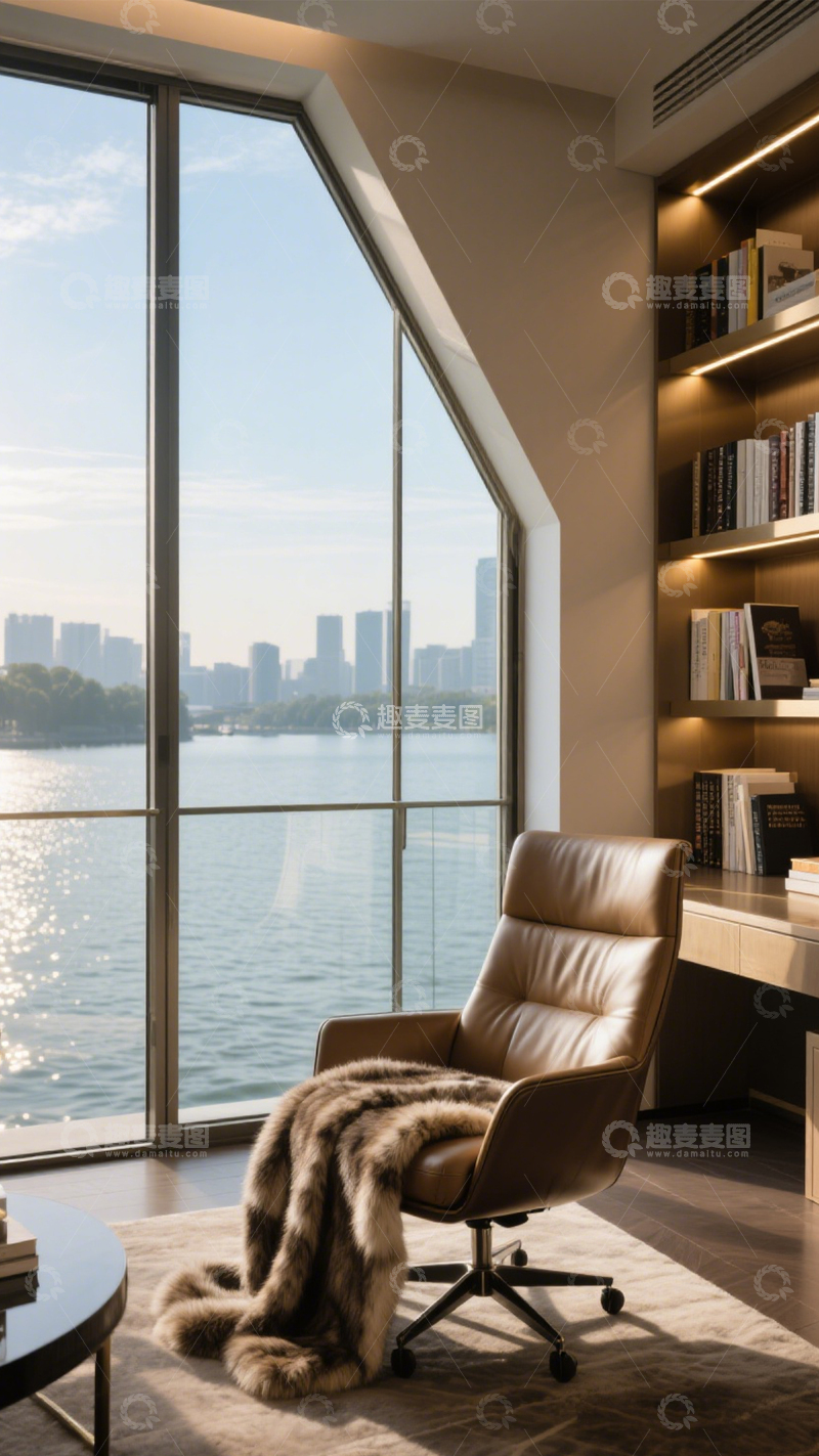 高清大图下载【趣麦麦图】湖景弧形窗静谧书房3