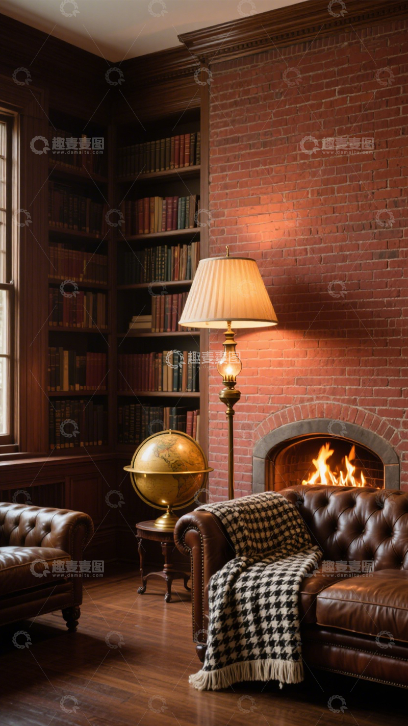 高清大图下载【趣麦麦图】复古红砖壁炉书房1