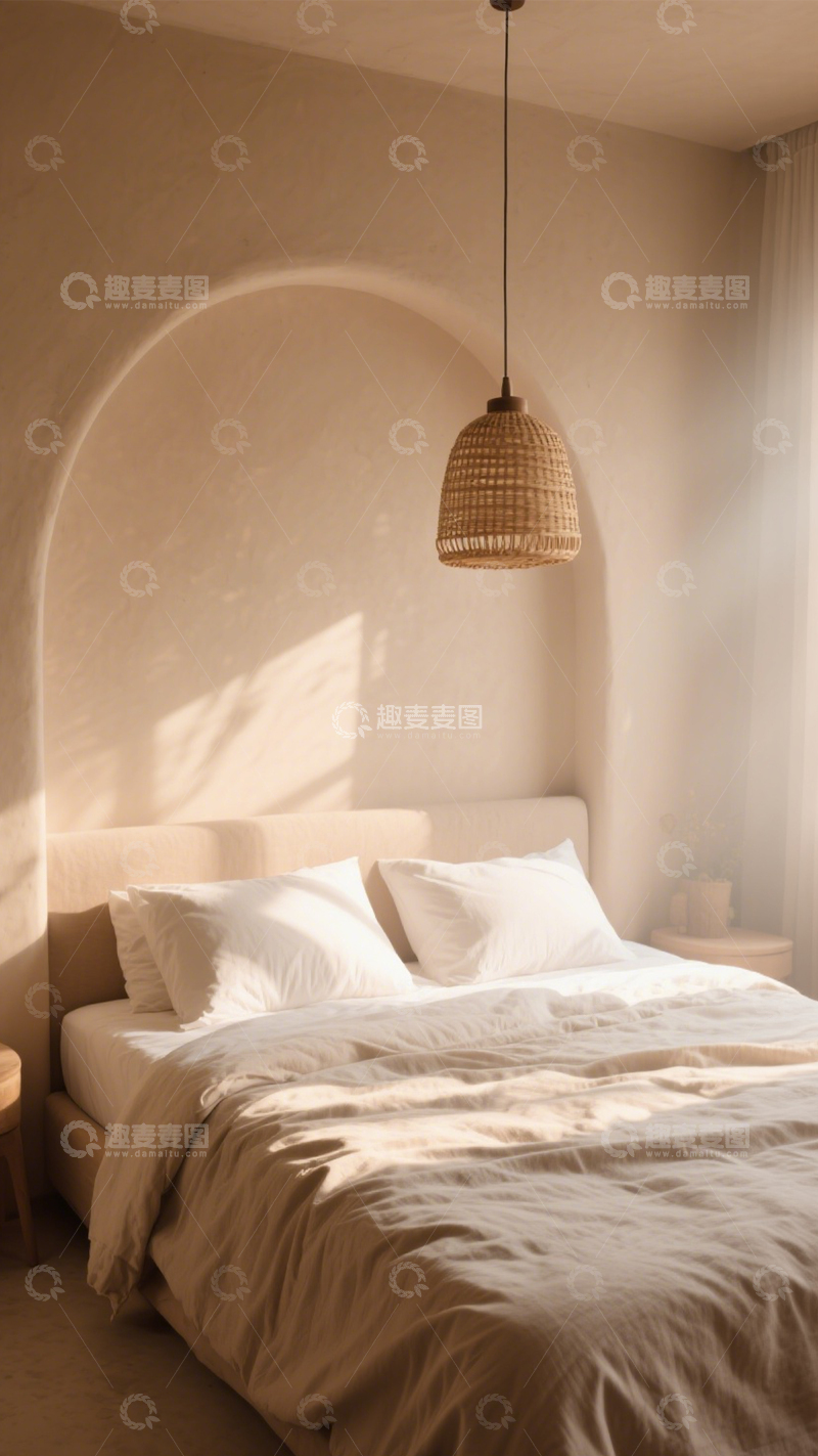 高清大图下载【趣麦麦图】侘寂风拱形床头卧室1