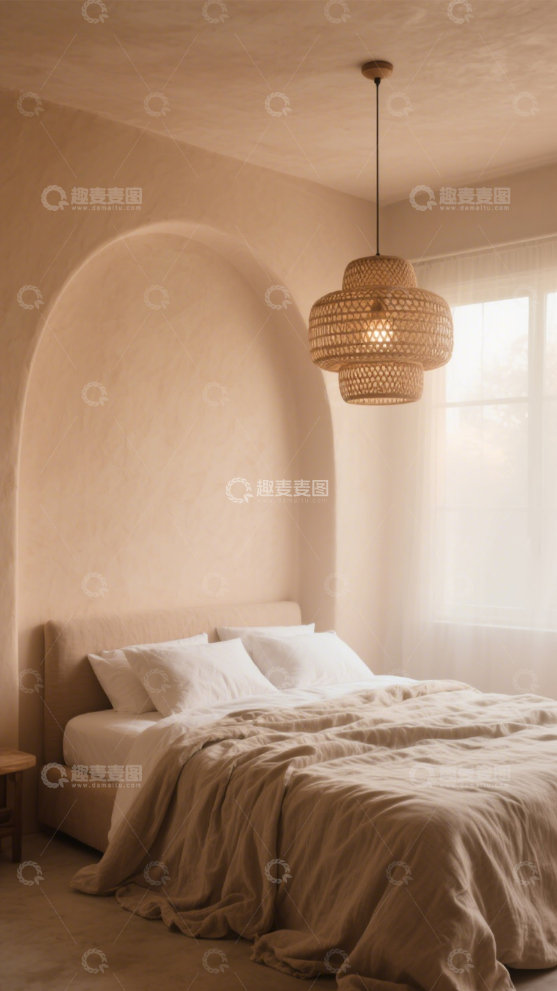 高清大图下载【趣麦麦图】侘寂风拱形床头卧室2