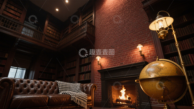 高清大图下载【趣麦麦图】复古红砖壁炉书房2