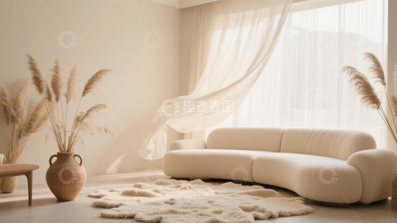 高清大图下载【趣麦麦图】奶油风蒲苇弧形沙发客厅3