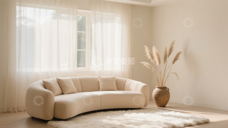 高清大图下载【趣麦麦图】奶油风蒲苇弧形沙发客厅2