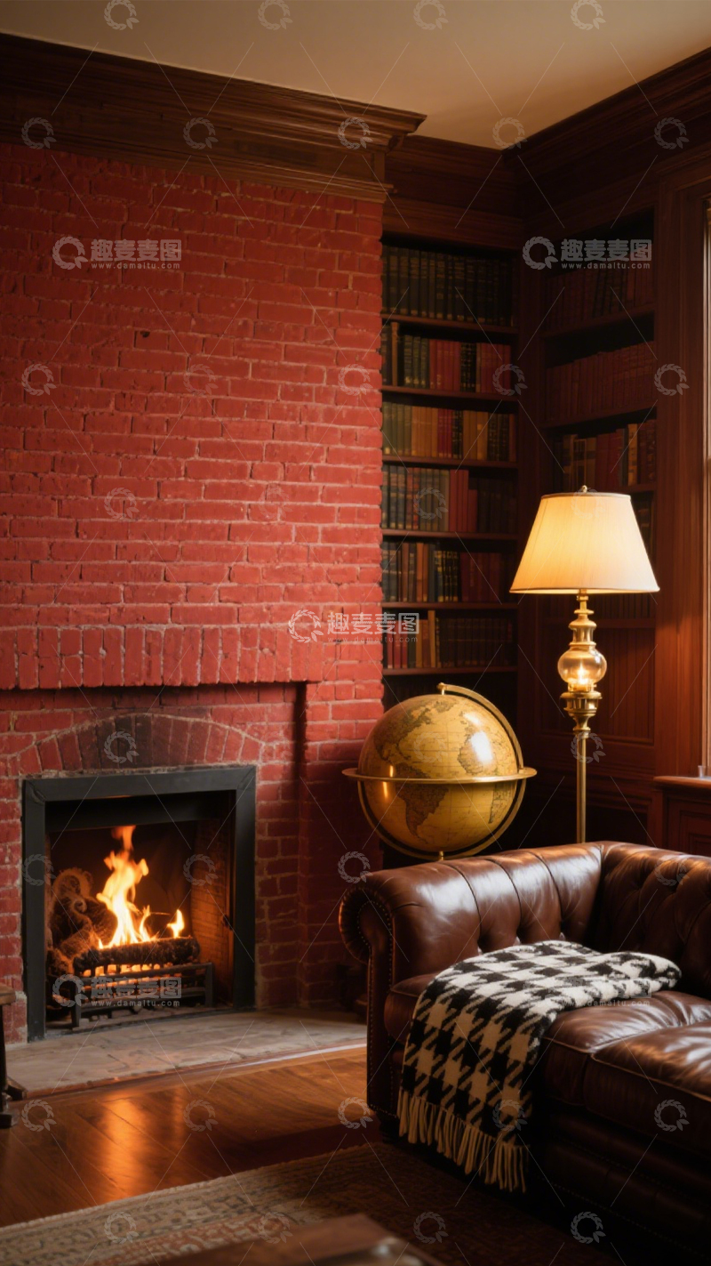 高清大图下载【趣麦麦图】复古红砖壁炉书房