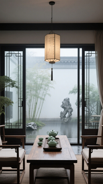 新中式园林借景茶室