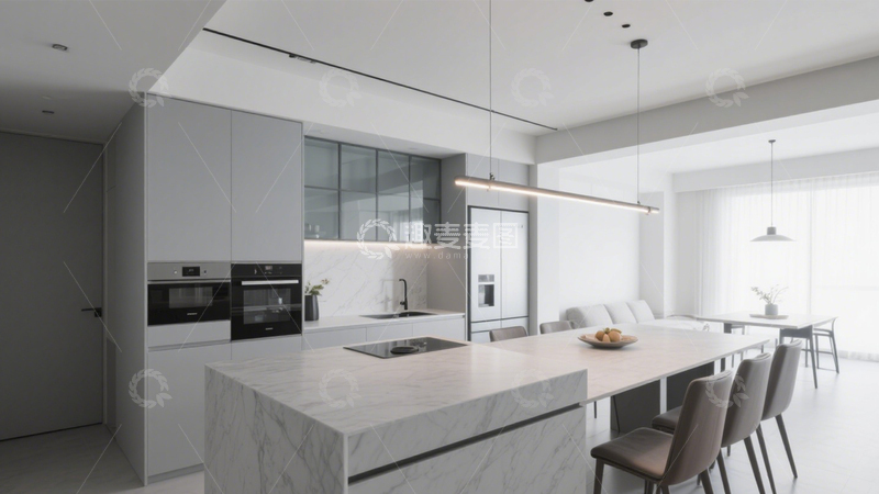 高清大图下载【趣麦麦图】-极简灰调中岛台厨房