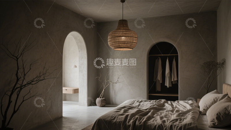 高清大图下载【趣麦麦图】-侘寂风素水泥墙卧室3