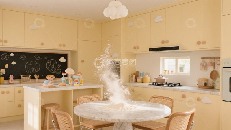 高清大图下载【趣麦麦图】童趣奶油黄黑板墙厨房1