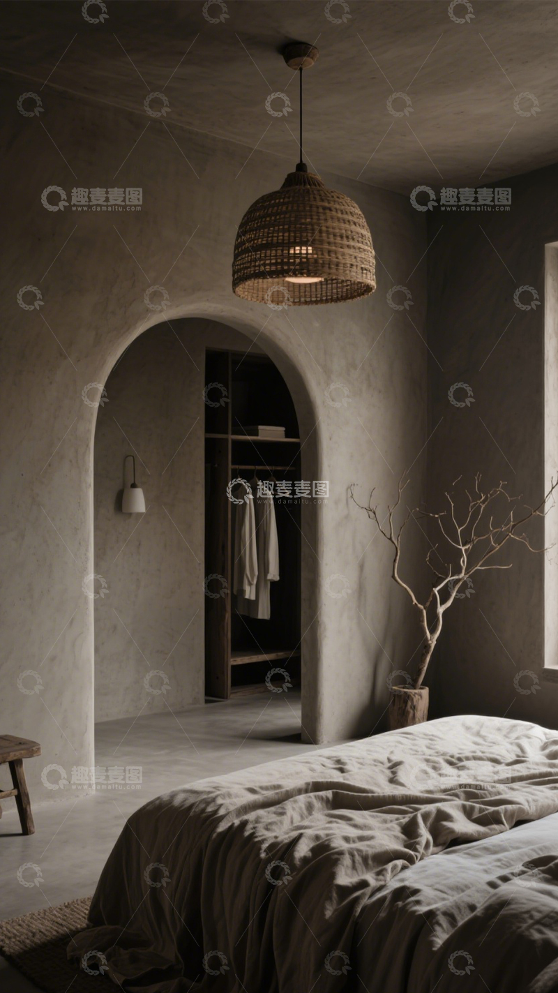 高清大图下载【趣麦麦图】侘寂风素水泥墙卧室