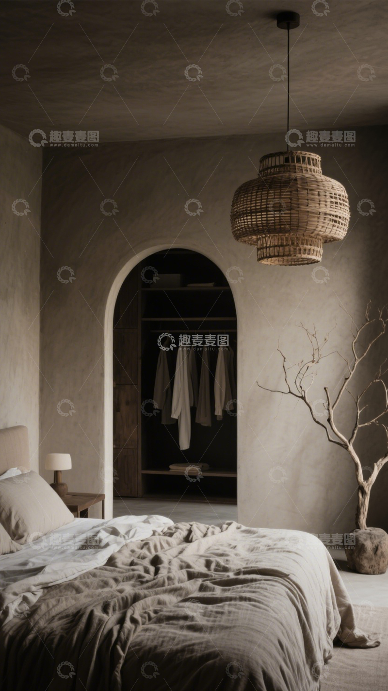 高清大图下载【趣麦麦图】侘寂风素水泥墙卧室2