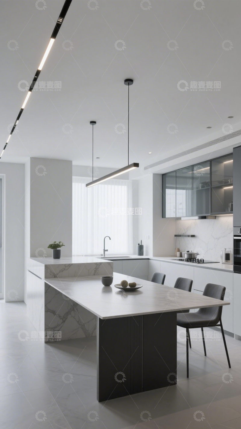 高清大图下载【趣麦麦图】极简灰调中岛台厨房2