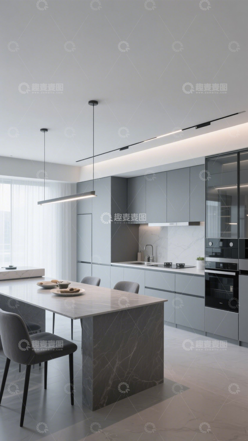 高清大图下载【趣麦麦图】极简灰调中岛台厨房1