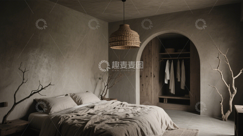 高清大图下载【趣麦麦图】-侘寂风素水泥墙卧室1