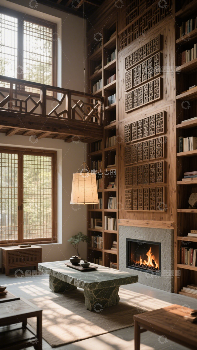 高清大图下载【趣麦麦图】新中式木质书架书房1