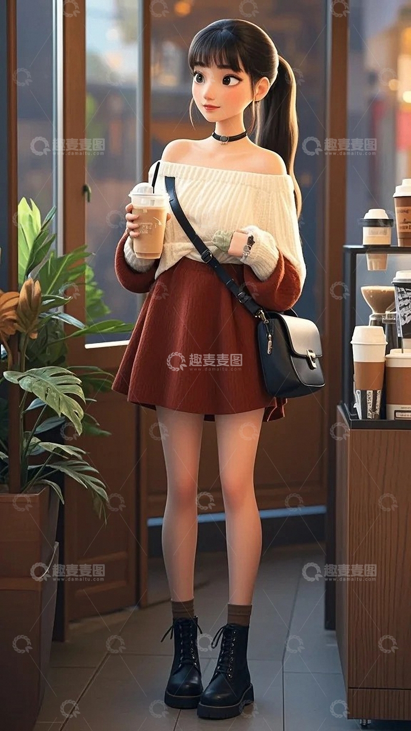 高清大图下载【趣麦麦图】皮克斯风格喝奶茶的小姑娘2