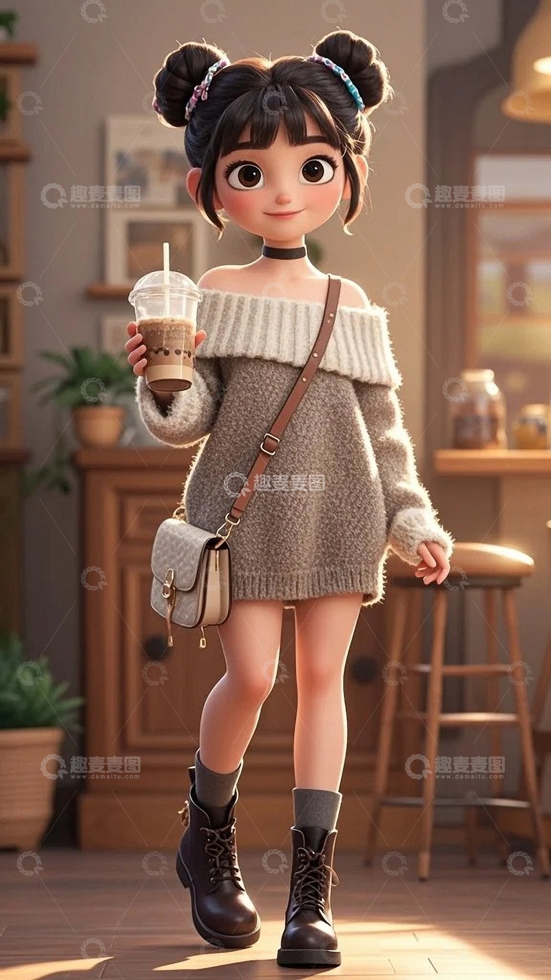 高清大图下载【趣麦麦图】皮克斯风格喝奶茶的小姑娘3