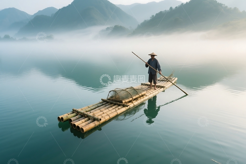 高清大图下载【趣麦麦图】船与高山湖水水墨画背景居上 