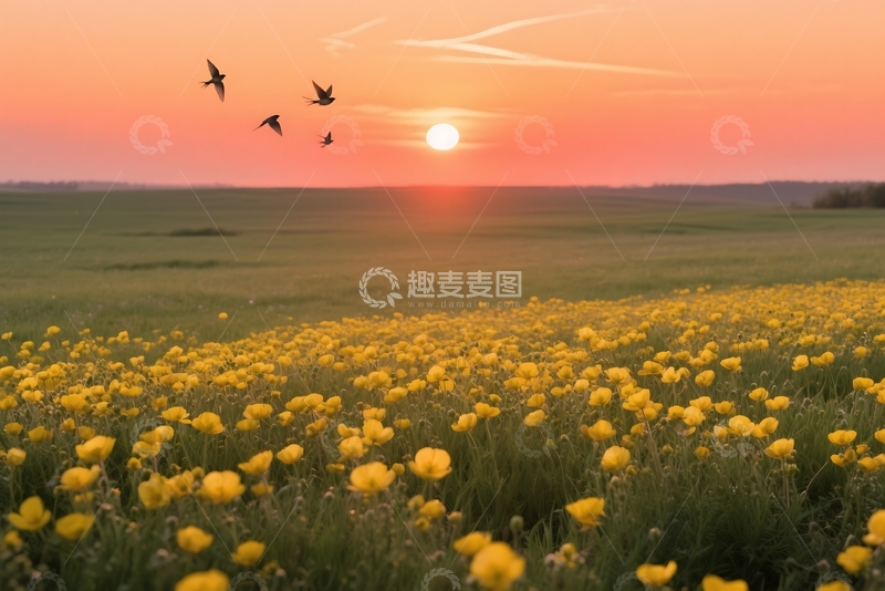 高清大图下载【趣麦麦图】草地上的毛茛映衬着夏日的天空 
