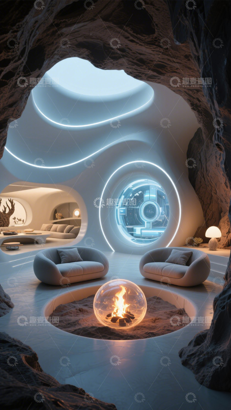 高清大图下载【趣麦麦图】未来感曲线洞穴客厅3
