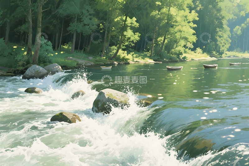 高清大图下载【趣麦麦图】风景主题插画 夏天的河流 