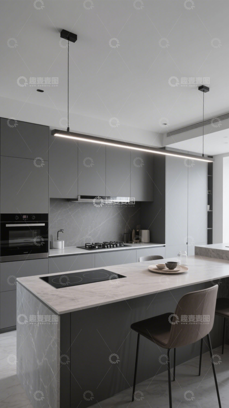 高清大图下载【趣麦麦图】-极简灰调中岛台厨房4