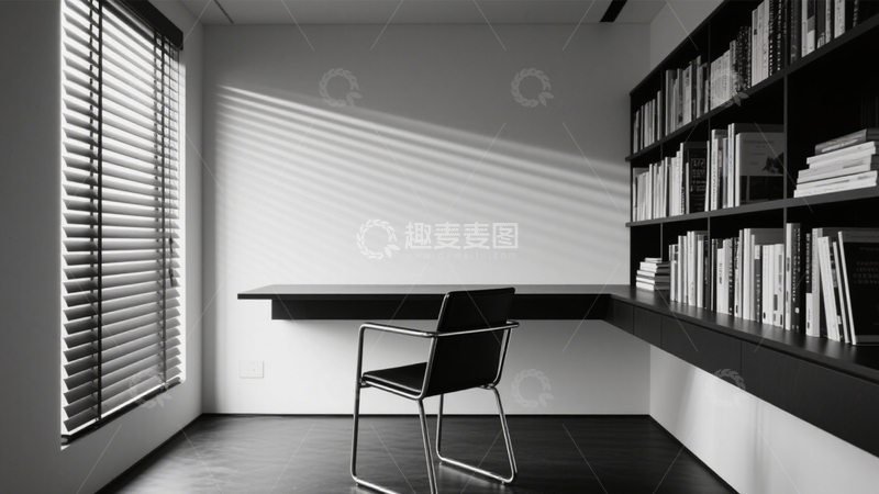 高清大图下载【趣麦麦图】黑白极简静谧书房1