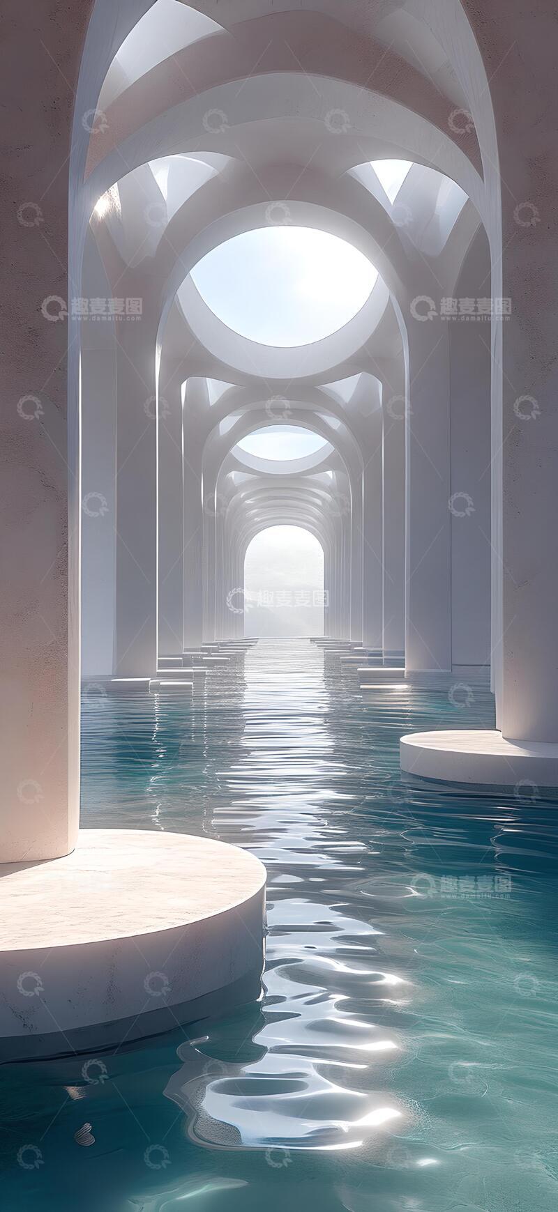 高清大图下载【趣麦麦图】白色几何体建筑和水面空间3D渲染1