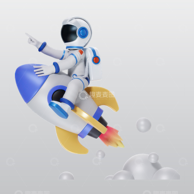 源文件下载【趣麦麦图】宇航员骑火箭3D插图blend模型素材1