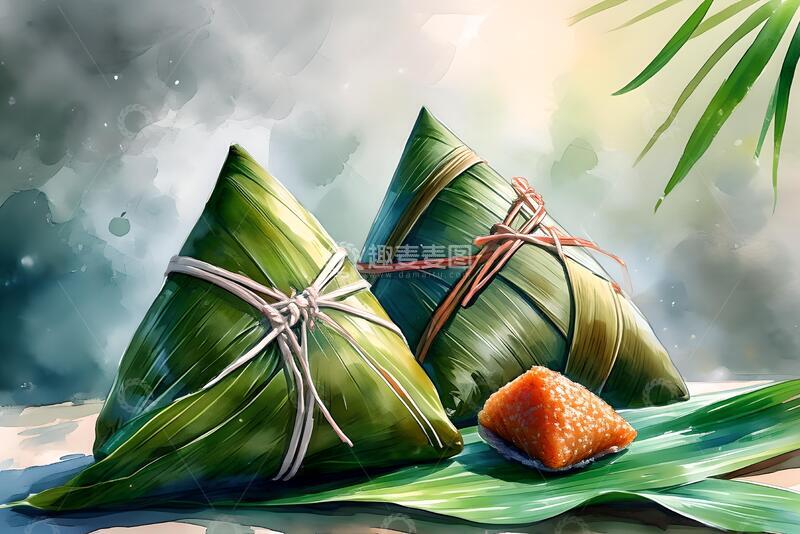 高清大图下载【趣麦麦图】-端午节粽子手绘水彩插画