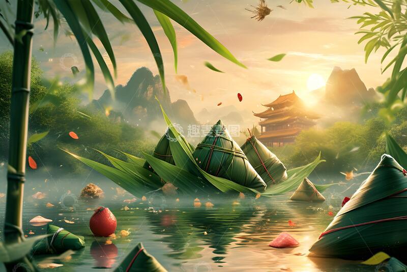 高清大图下载【趣麦麦图】端午节粽子和相关元素组合插画