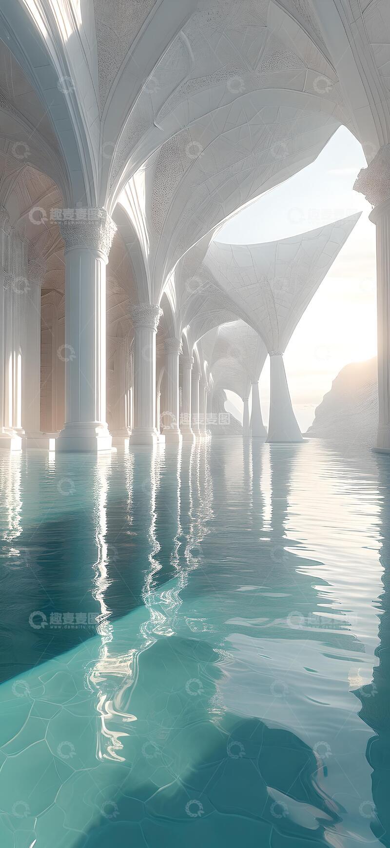 高清大图下载【趣麦麦图】白色几何体建筑和水面空间3D渲染