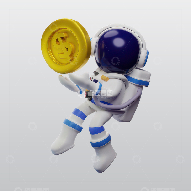 源文件下载【趣麦麦图】宇航员持有美元硬币3D插图blend模型