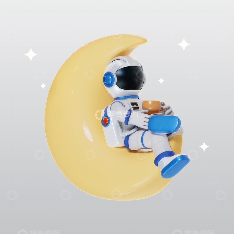 源文件下载【趣麦麦图】宇航员喝咖啡3D插图blend模型素材1