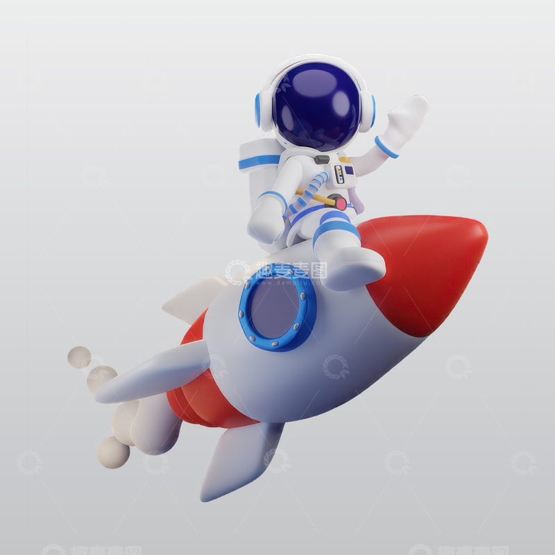 源文件下载【趣麦麦图】宇航员乘坐火箭挥手3D插图blend模型1