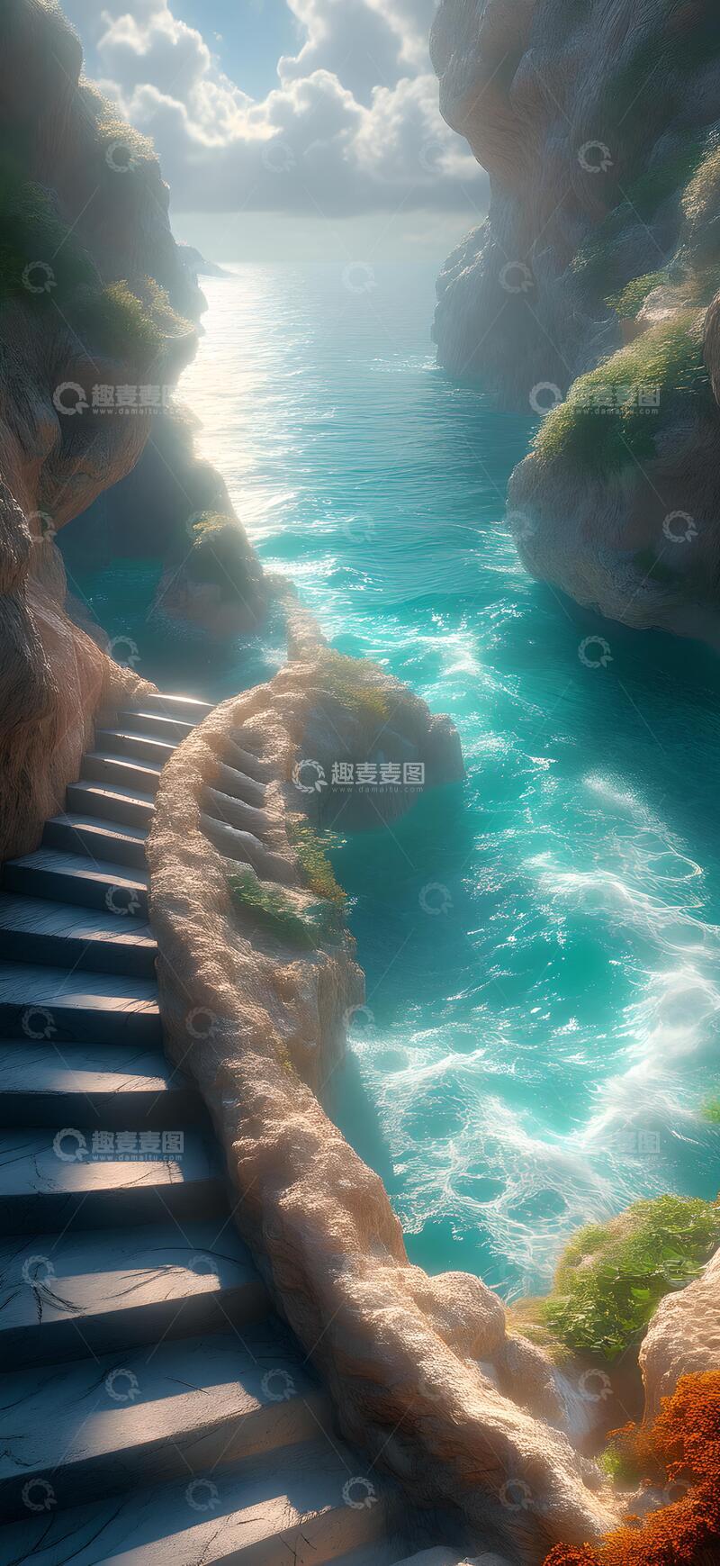 高清大图下载【趣麦麦图】3D渲染海平面上的楼梯概念艺术场景2