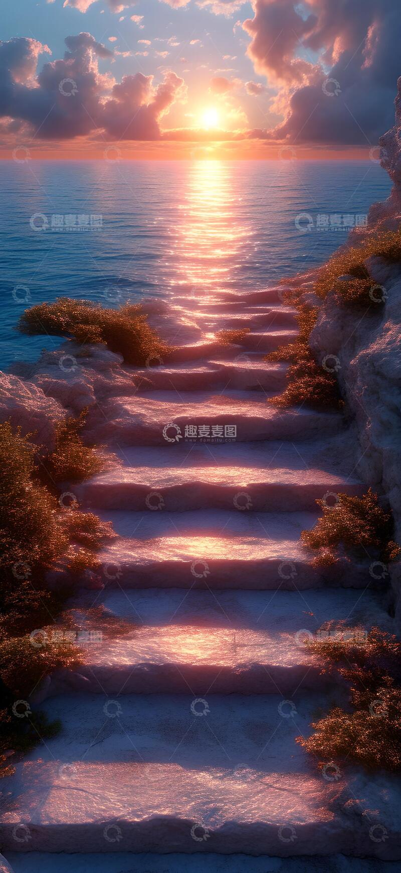 高清大图下载【趣麦麦图】3D渲染海平面上的楼梯概念艺术场景