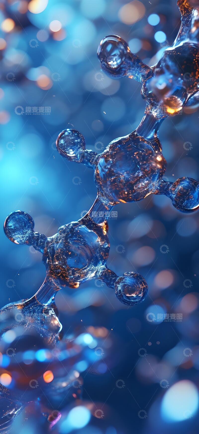 高清大图下载【趣麦麦图】3D渲染蓝色背景下分子结构的特写1