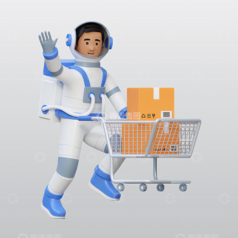 源文件下载【趣麦麦图】宇航员推购物车3D插图blend模型图标