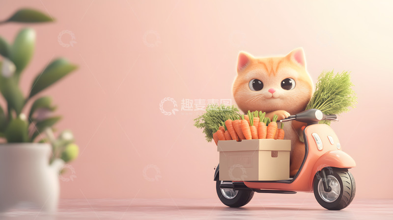高清大图下载【趣麦麦图】开着小电驴送货的3D小猫3