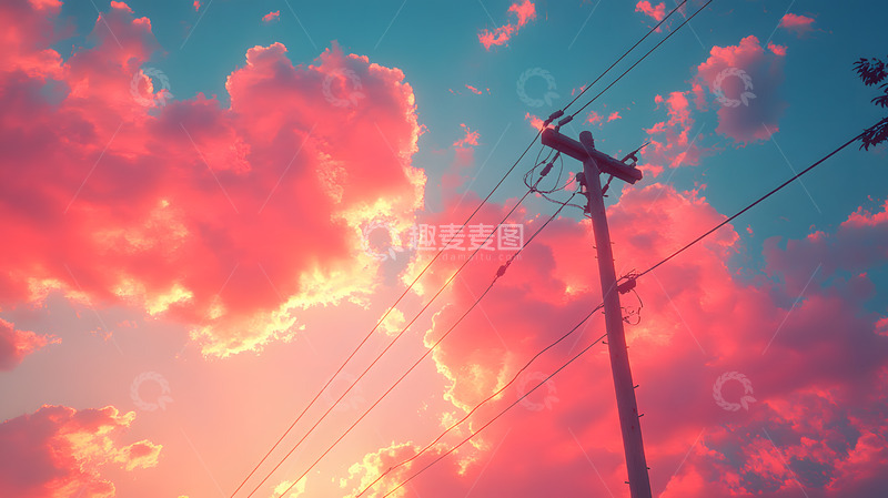 高清大图下载【趣麦麦图】夏天的火烧云电线杆1