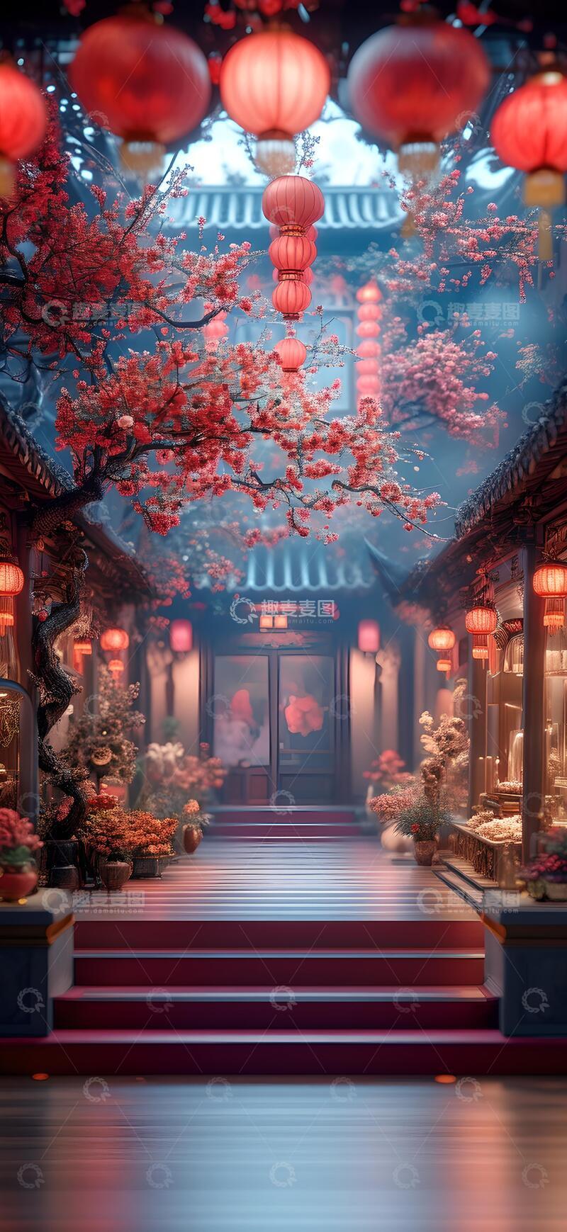 高清大图下载【趣麦麦图】3D渲染中国风主题电商展台