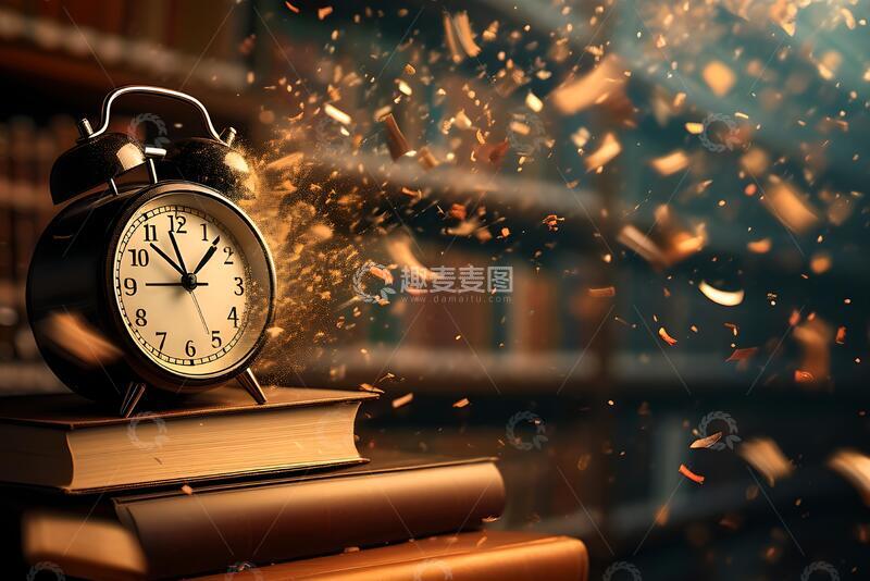 高清大图下载【趣麦麦图】高考升学飞舞的书本闹钟背景