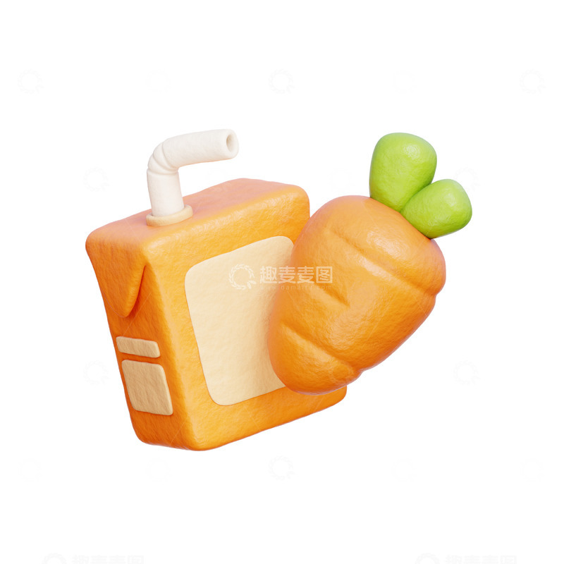 高清大图下载【趣麦麦图】胡萝卜汁盒3D卡通图标免抠透明png素材