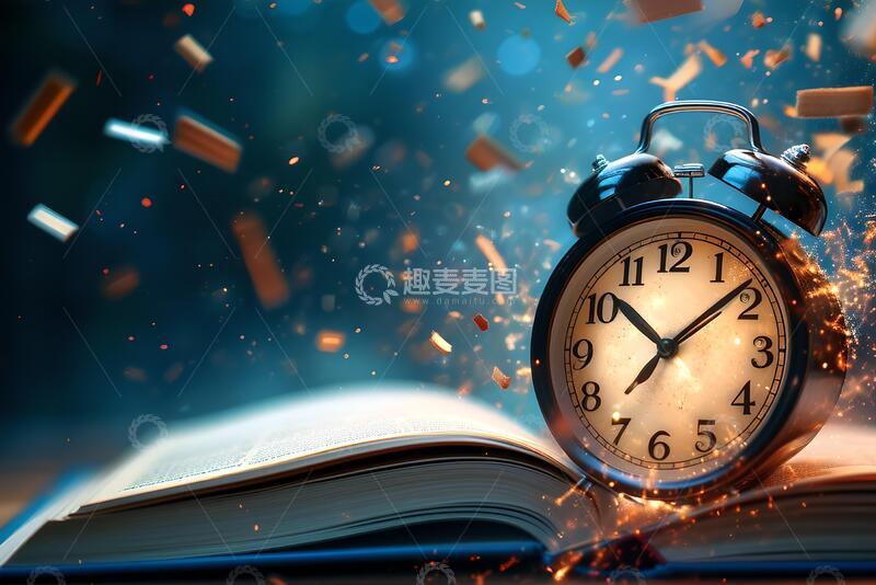高清大图下载【趣麦麦图】高考升学飞舞的书本闹钟背景1