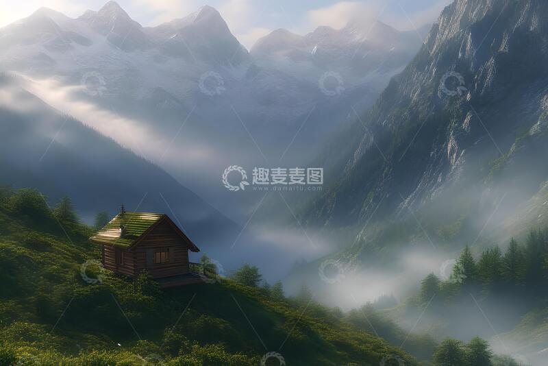 高清大图下载【趣麦麦图】高山上的小木屋，下面的山谷里弥漫着薄雾