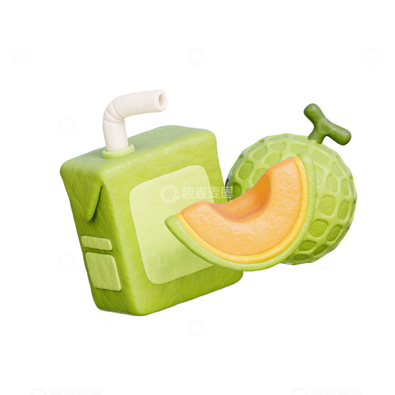 高清大图下载【趣麦麦图】哈密瓜汁盒3D卡通图标免抠透明png素材