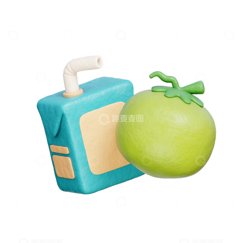 高清大图下载【趣麦麦图】椰子汁盒3D卡通图标免抠透明png素材