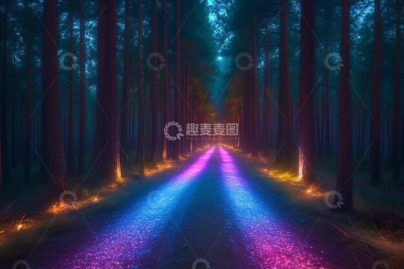 高清大图下载【趣麦麦图】夜晚，松树之间有一条彩色的灯光小径。1