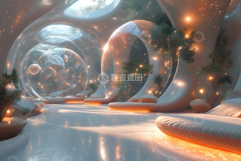 高清大图下载【趣麦麦图】飞舞的小球，浅色创意室内空间，三维渲染
